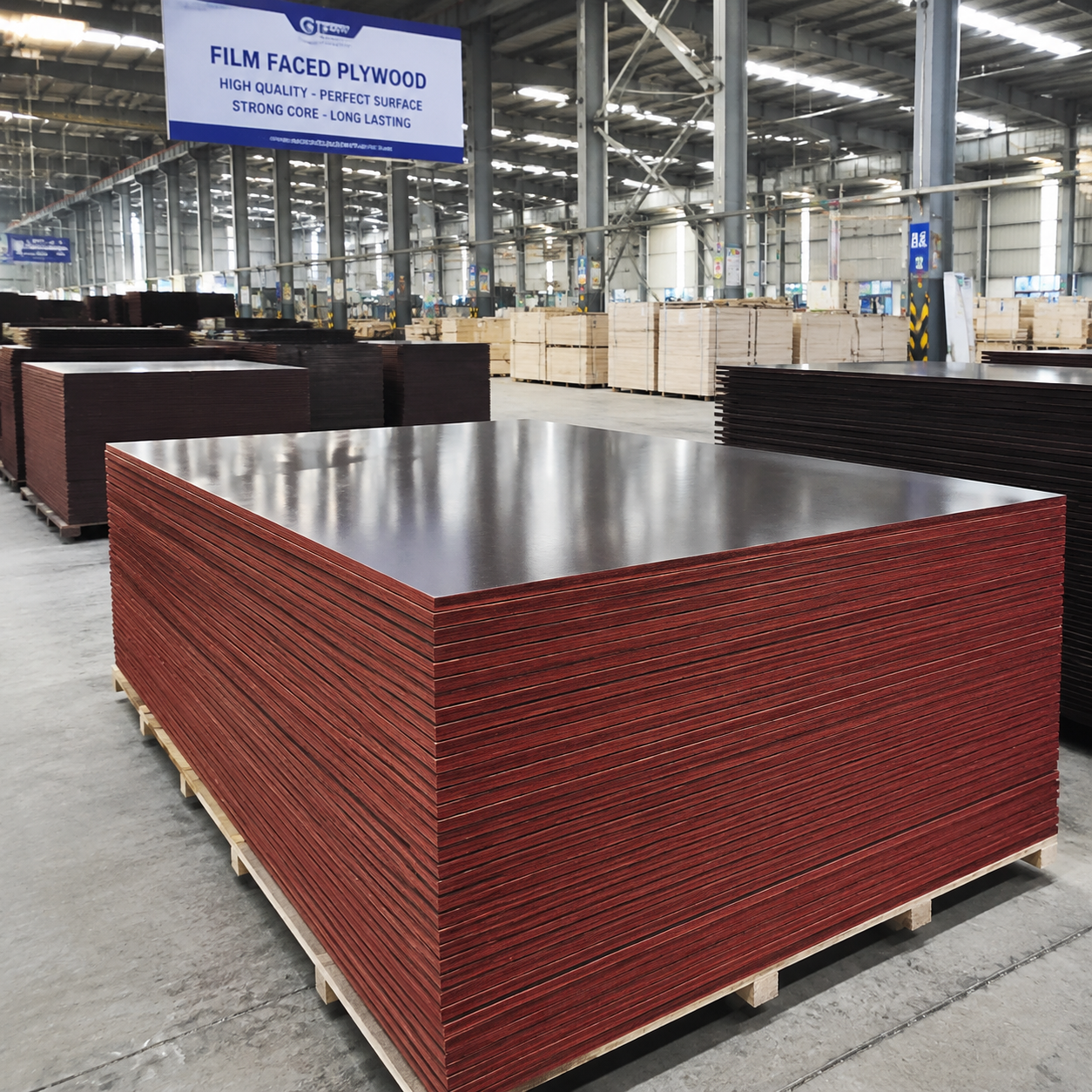 Premium brown film faced plywood stack at Lucy Plywood warehouse